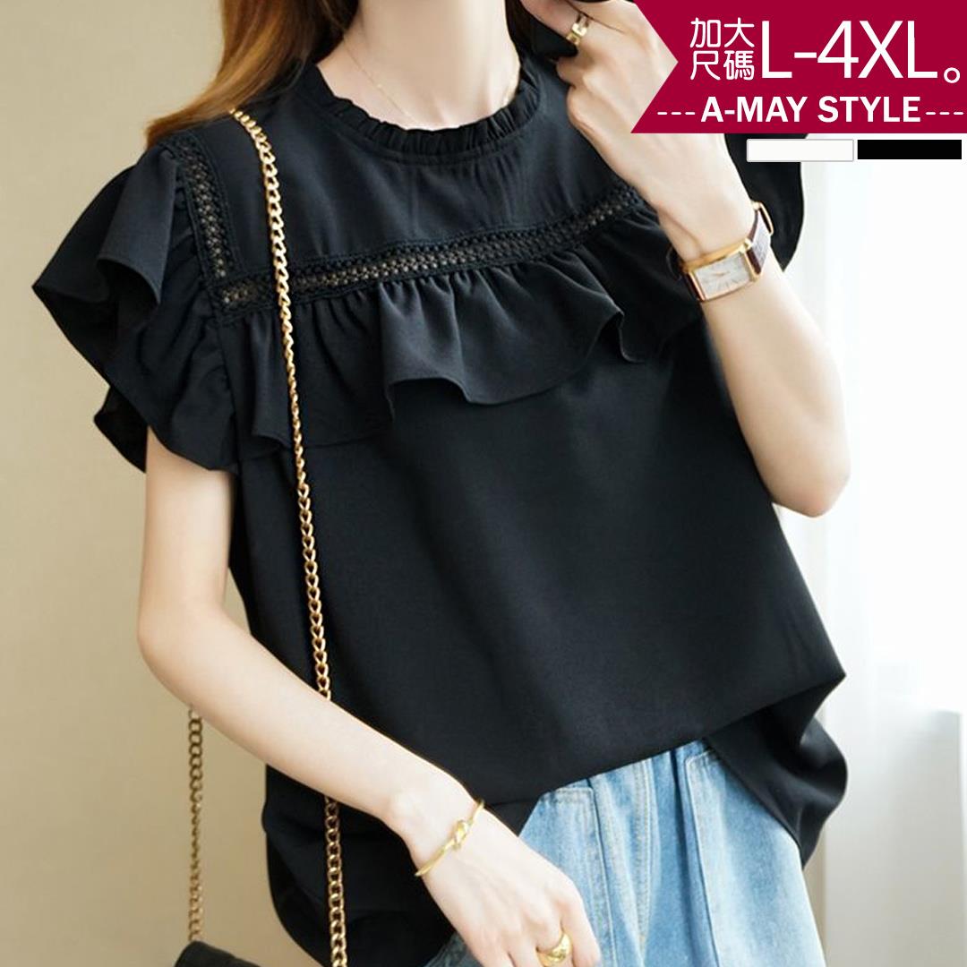 加大碼T恤-知性鏤空花邊短袖上衣(L-4XL)【XT68537】＊艾美時尚(現 預)
