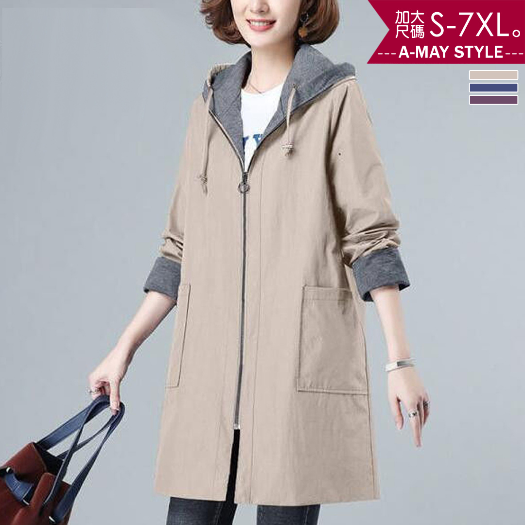 加大碼外套-休閒拼色中長版連帽風衣外套(S-7XL)【XCT168856】＊艾美時尚(現 預)