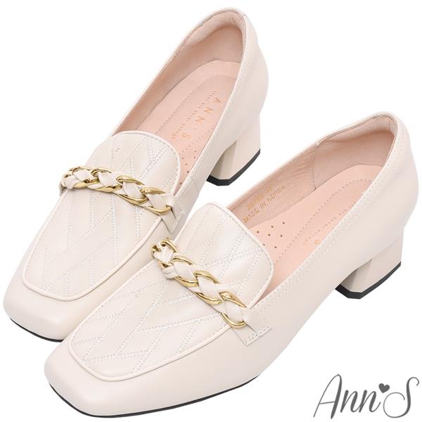🍎任一雙現折$618🍎Ann’S小香風-穿皮鍊牛皮全真皮粗跟樂福鞋 4cm-米白