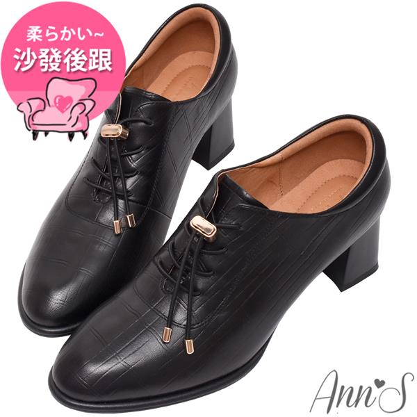 Ann’S免綁鞋帶!顯瘦楦型牛皮全真皮粗跟踝靴5.5cm-黑