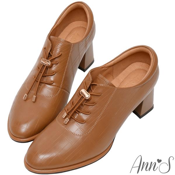 Ann’S免綁鞋帶!顯瘦楦型牛皮全真皮粗跟踝靴5.5cm-棕
