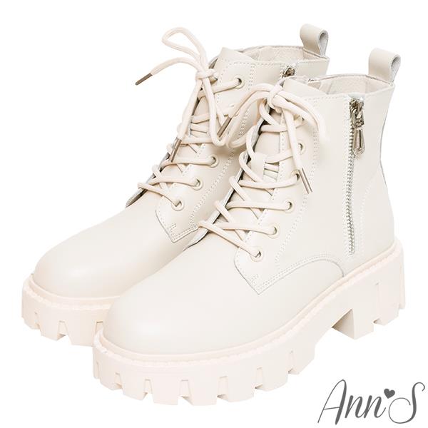 🎁買就送鞋撐🎁Ann’S小男孩系列-牛皮綁帶造型雙側拉鍊厚底短靴5cm-米白