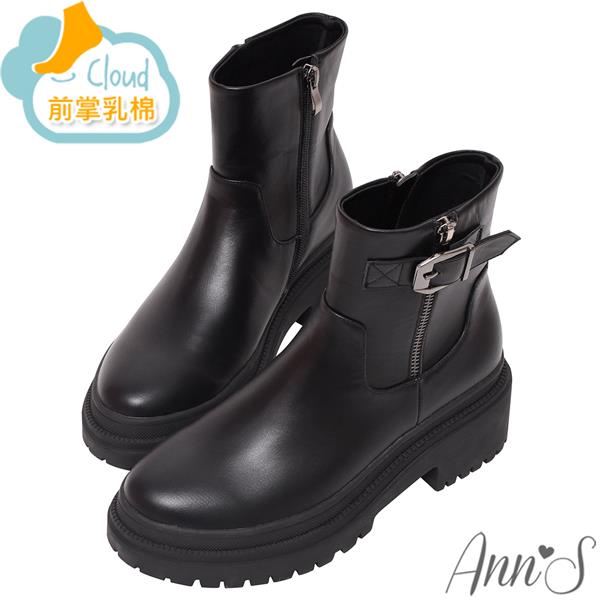 Ann’S打造漫畫腿-素面六邊形釦帶輕量厚底軍靴5cm-黑