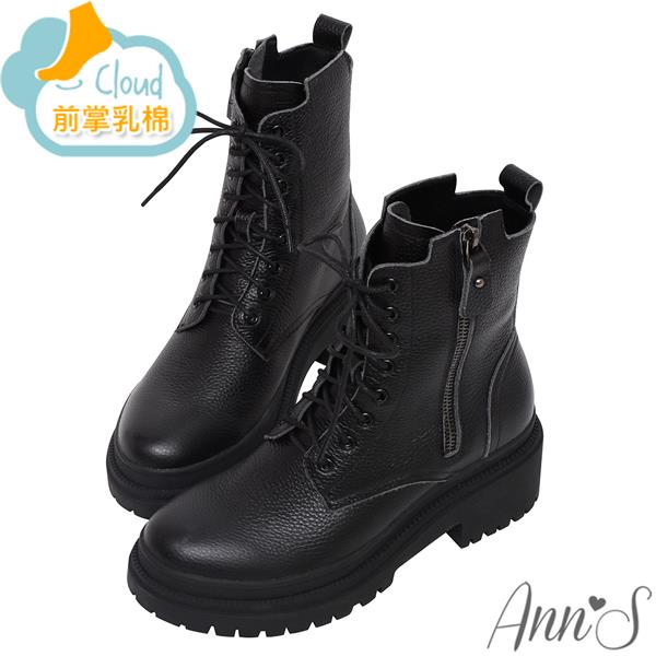 💐母親節限定專區最高7折💐Ann’S打造漫畫腿-全真皮荔枝牛皮8孔綁帶側拉鍊輕量厚底軍靴5cm-黑