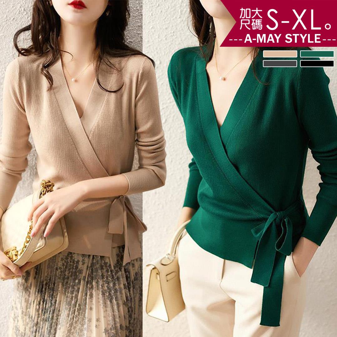 加大碼上衣-優雅V領斜剪裁綁帶針織衫(S-XL)【XAL603643】＊艾美時尚(現 預)