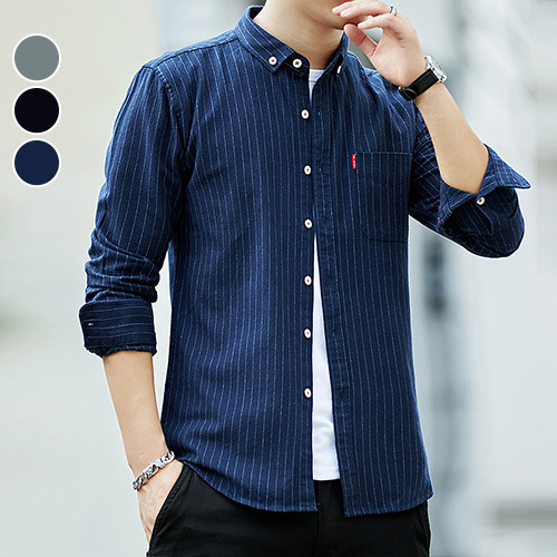 男襯衫 條紋小標口袋修身職人長襯中大尺碼長袖襯衫(3色) 現 預【NZ772002】