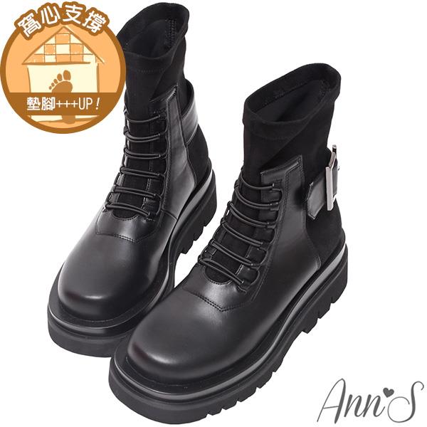 🎁買就送鞋撐🎁Ann’S就是比較瘦-貼腿襪套防水絨布綁帶造型大方釦輕量厚底短靴5.5cm-黑