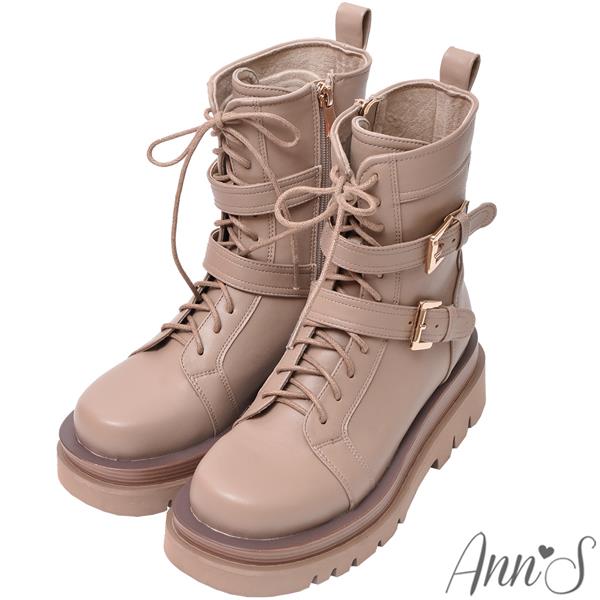 👢買就送皮革護理膏👢Ann’S就是比較瘦-雙扣帶綁帶機車輕量厚底短靴5.5cm-粉杏