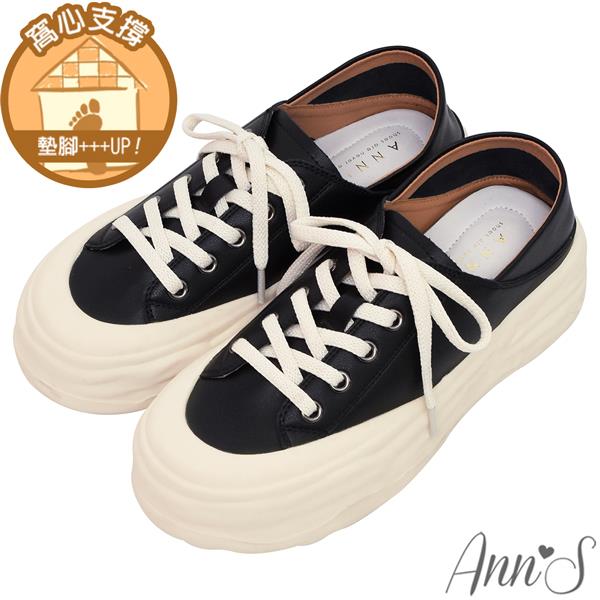 🍎任一雙現折$618🍎Ann’S融化的奶油厚底-全真皮牛皮綁帶兩穿休閒鞋4.5cm-黑