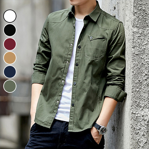 男襯衫 韓系反摺口袋修身素面中大尺碼長袖襯衫外套(6色) 現 預【NZ772004】