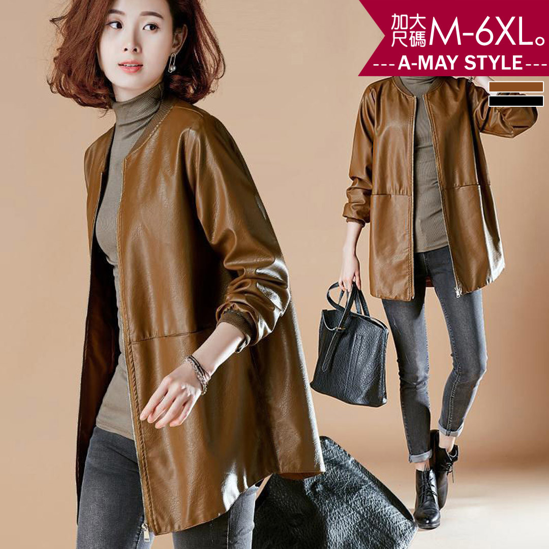 加大碼皮衣-率性拼接圓領仿皮革外套(S-6XL)【XIS2022P50】＊艾美時尚(現 預)