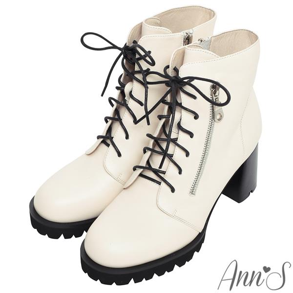 🍎任一雙現折$618🍎Ann’S絕美比例-真皮牛皮綁帶造型顯瘦厚底粗跟短靴7cm-米白