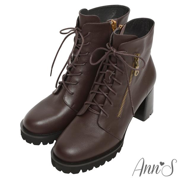 🍎任一雙現折$618🍎Ann’S絕美比例-真皮牛皮綁帶造型顯瘦厚底粗跟短靴7cm-咖