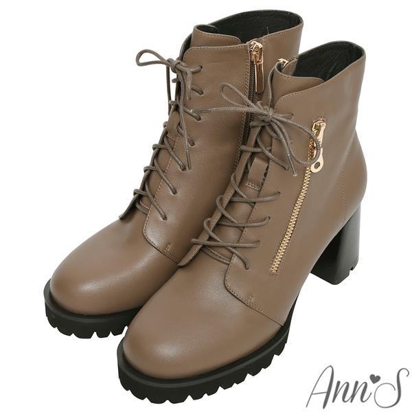 🍎任一雙現折$618🍎Ann’S絕美比例-真皮牛皮綁帶造型顯瘦厚底粗跟短靴7cm-杏