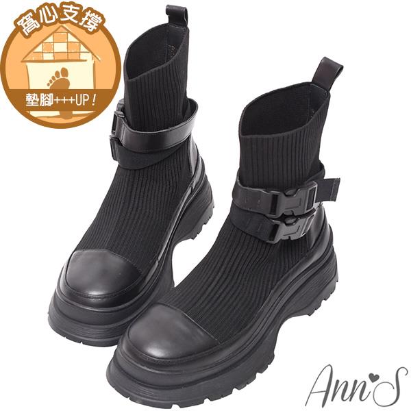 🍎任一雙現折$618🍎Ann’S運動風-雙扣帶真皮拼接彈力針織襪套短靴5cm-黑