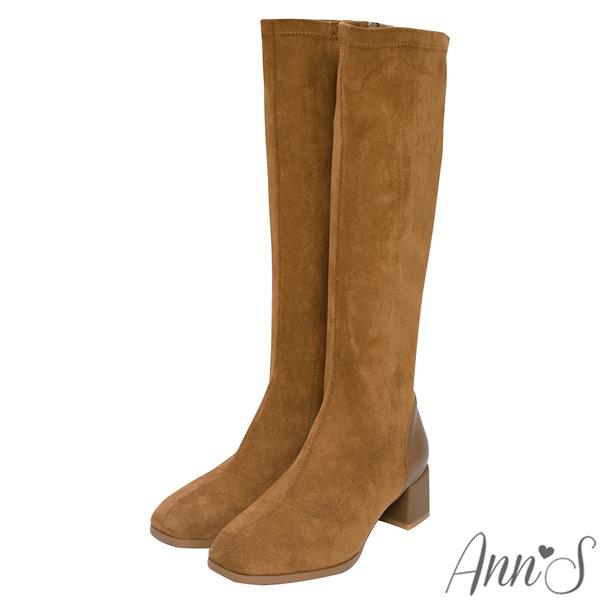 Ann’S質感穿搭單品-彈性絨布素面粗跟及膝長靴5cm-卡其