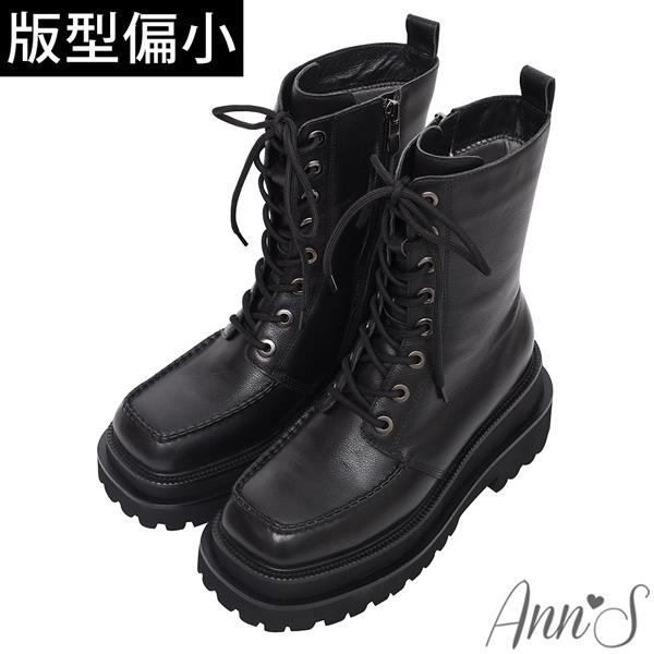 💐母親節限定專區最高7折💐Ann’S就是比較瘦加厚款-頂級牛皮真皮綁帶造型顯瘦輕量厚底短靴7cm-黑(版型偏小)