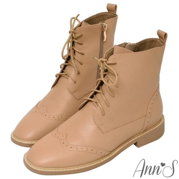 🍎任一雙現折$618🍎Ann’S高個子女孩-牛津雕花綁帶小羊皮真皮平底短靴3cm-卡其(版型偏小)
