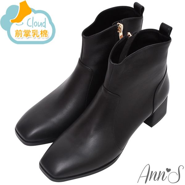 🔥買三送一🔥Ann’S質感密技-V口顯瘦羊皮真皮粗跟方頭短靴5cm-黑