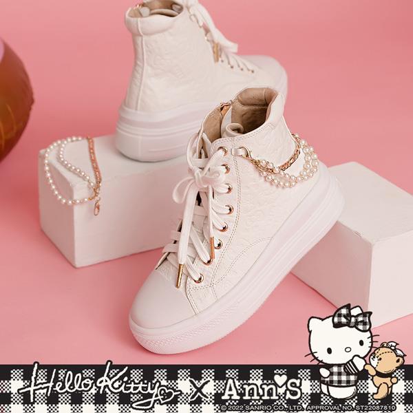 HELLO KITTY X Ann’S小名媛風格烙印可拆飾品金鍊高筒皮革小白鞋5.5cm