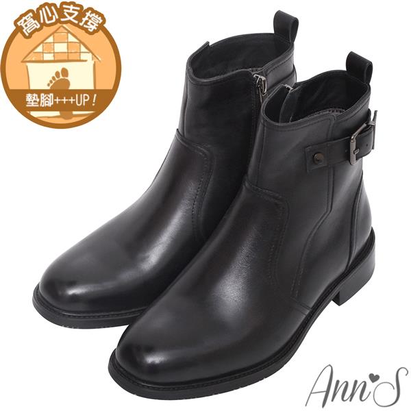 🎁買就送鞋撐🎁Ann’S高個子女孩-顯瘦楦型單扣帶真皮牛皮平底短靴3cm-黑