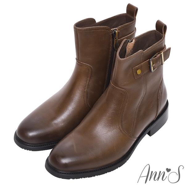 🎁買就送鞋撐🎁Ann’S高個子女孩-顯瘦楦型單扣帶真皮牛皮平底短靴3cm-棕