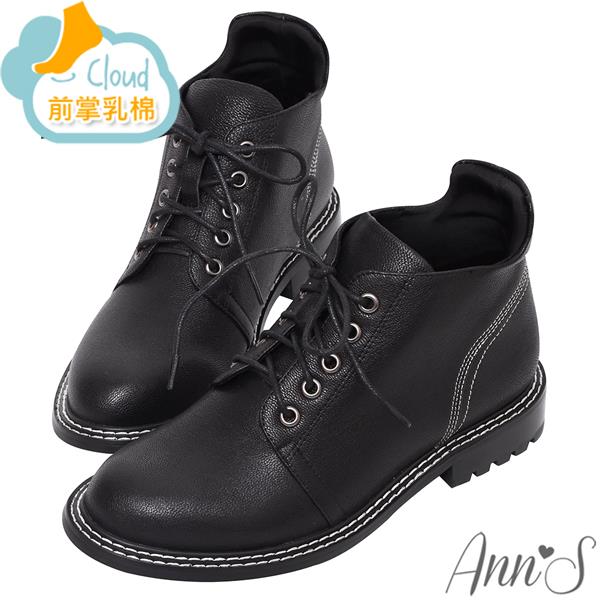 🍎任一雙現折$618🍎Ann’S小男孩系列-5孔綁帶米色車線羊皮真皮短筒平底短靴3cm-黑
