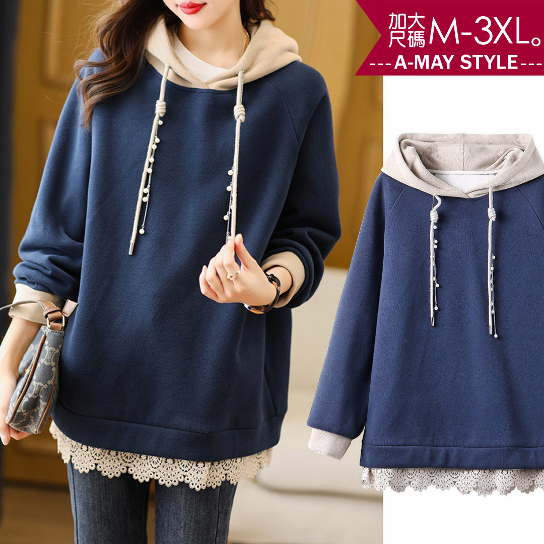 加大碼 帽T 衛衣 休閒拼色假兩件寬鬆連帽上衣(M-3XL)【XDW328256】＊艾美時尚(現 預)