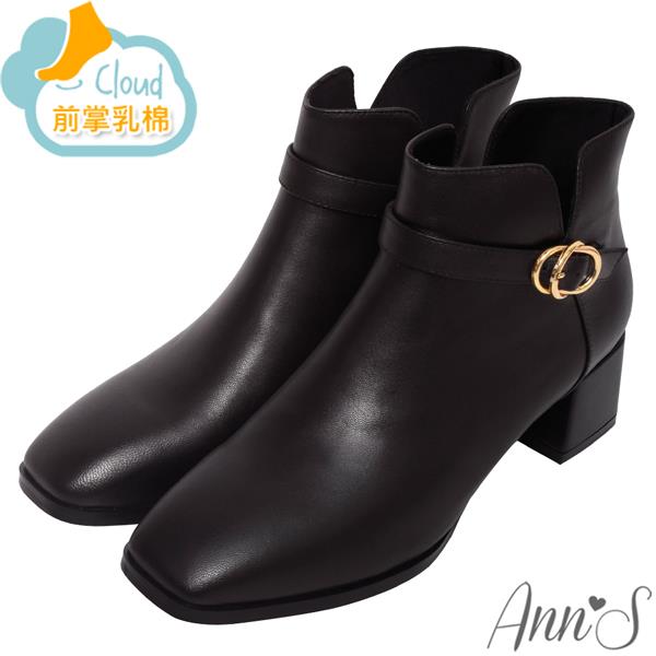 🔥買三送一🔥Ann’S知性小金環-顯瘦側V口羊皮真皮粗跟方頭短靴5cm-黑