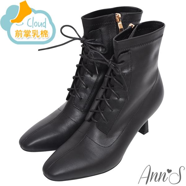 🎁買就送鞋撐🎁Ann’S時尚倫敦-綁帶造型羊皮真皮酒杯跟細跟方頭短靴6.5cm-黑