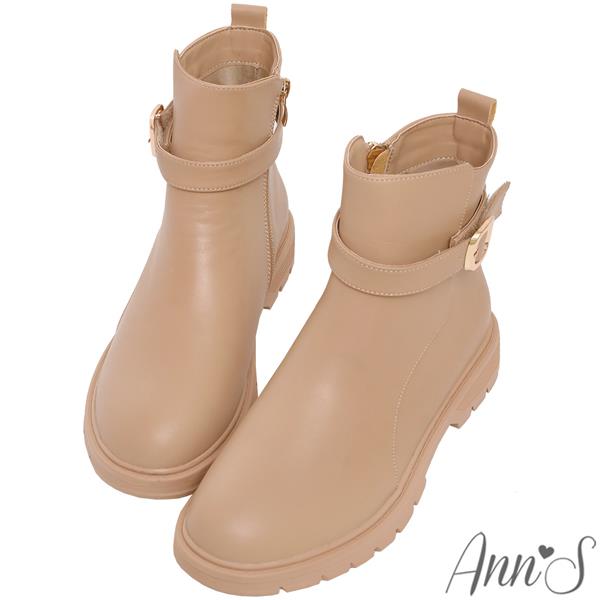 🍎任一雙現折$618🍎Ann’S高個子女孩-超值兩穿可拆扣帶牛皮真皮平底短靴3cm-卡其