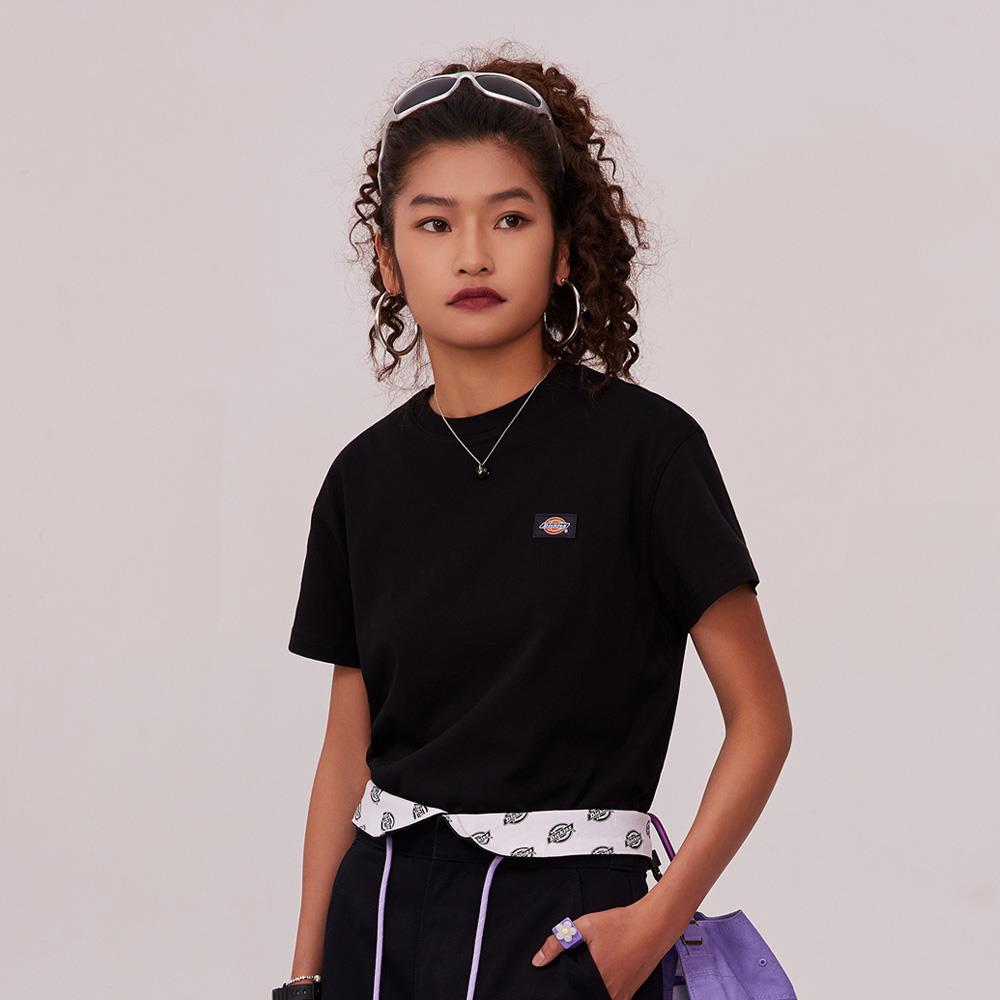 Dickies女款黑色純棉短版Logo小織標短袖T恤|DK011775BLK
