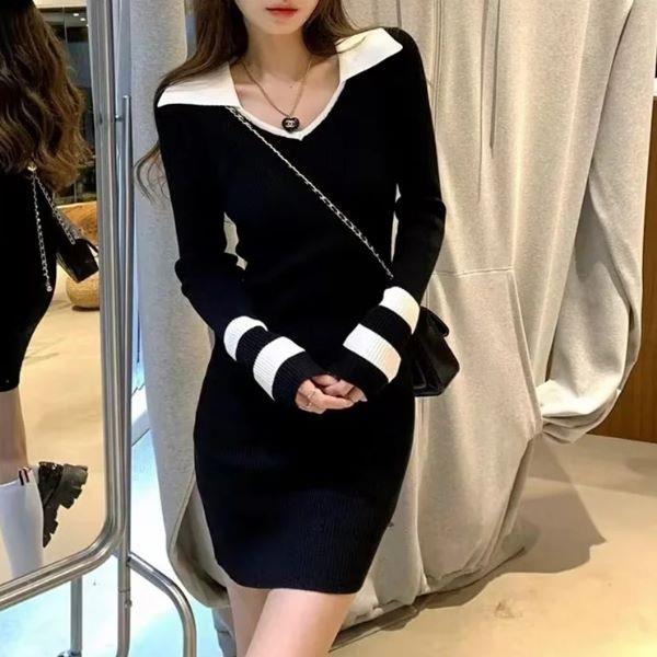 韓版辣妹風V領性感拼接針織連身裙女 高級感緊身長袖洋裝包臀裙子(2色)-凱西娃娃