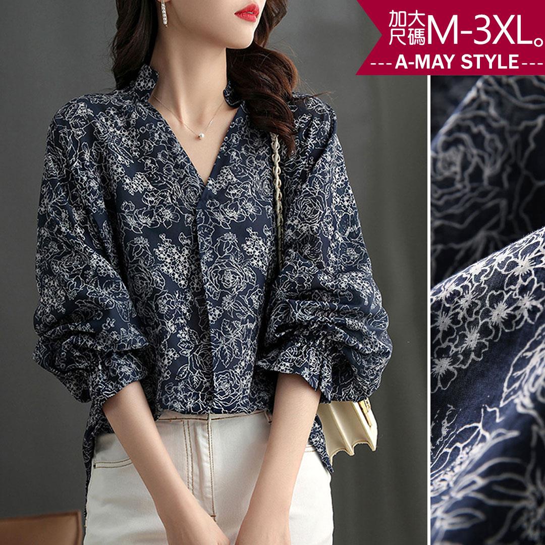 加大碼上衣-氣質碎花燈籠袖雪紡衫(M-3XL)【XHA21S44】＊艾美時尚(現 預)
