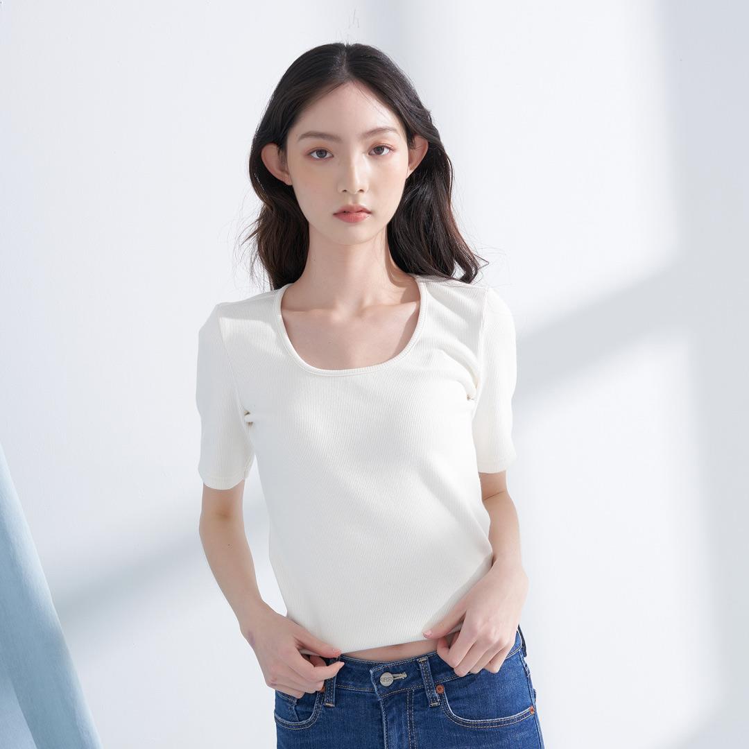 簡約隨興大U領羅紋TEE(米白)-女