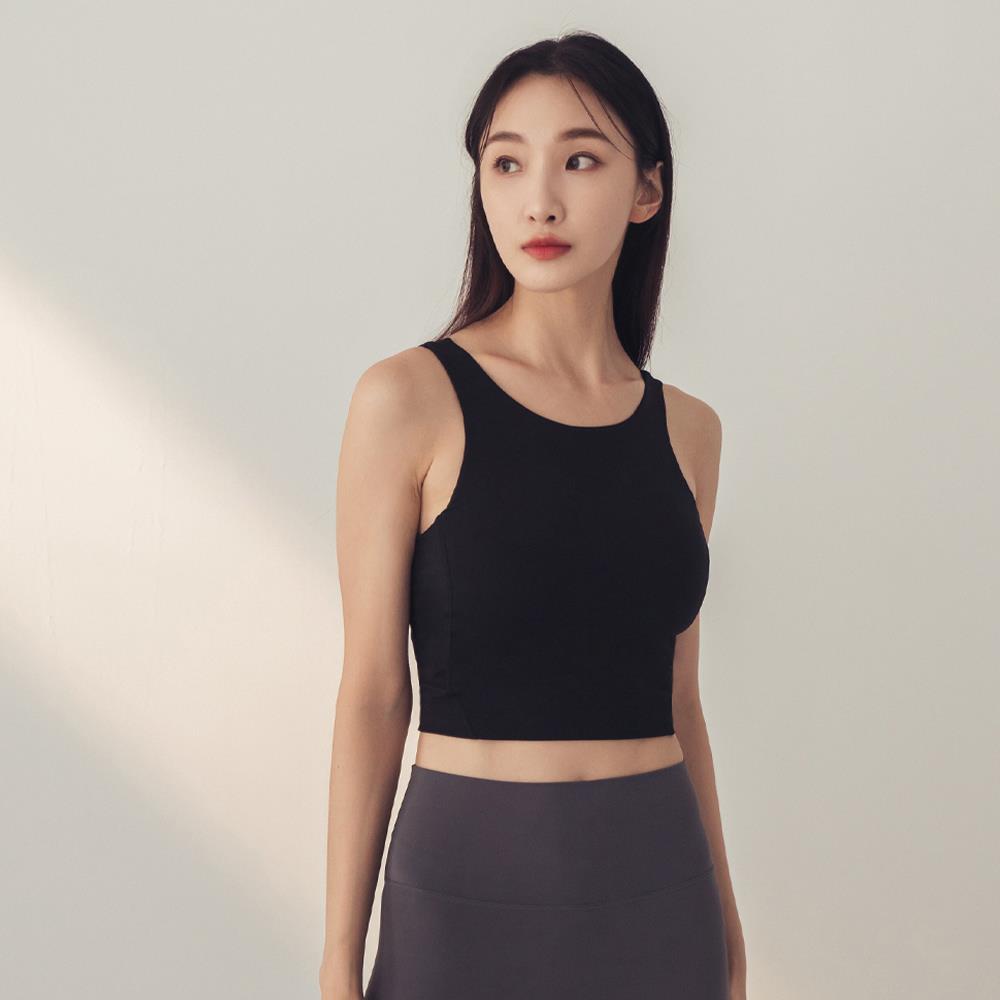 Yoga中強度削肩款露背短版瑜珈背心-Black