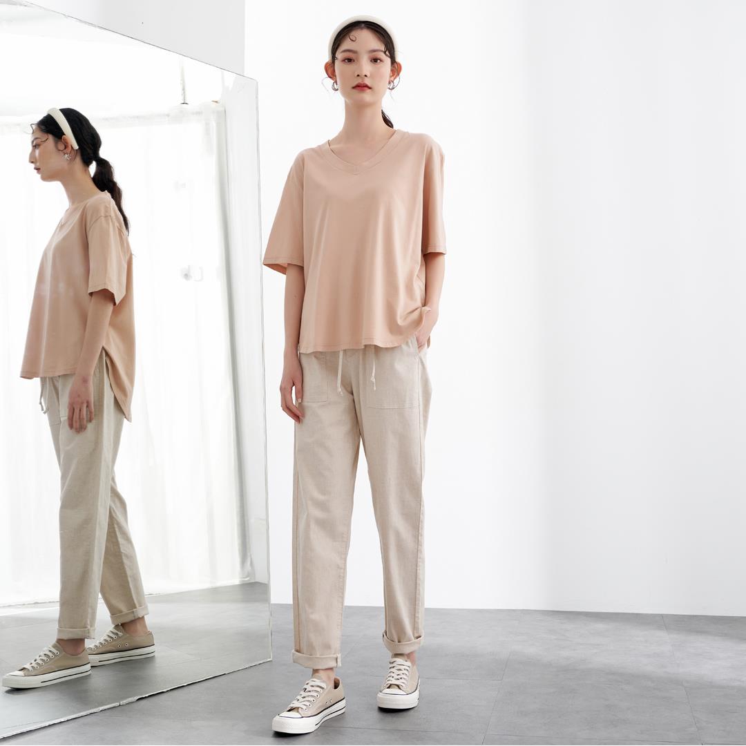 V領花朵純棉寬鬆TEE(淡桔)-女