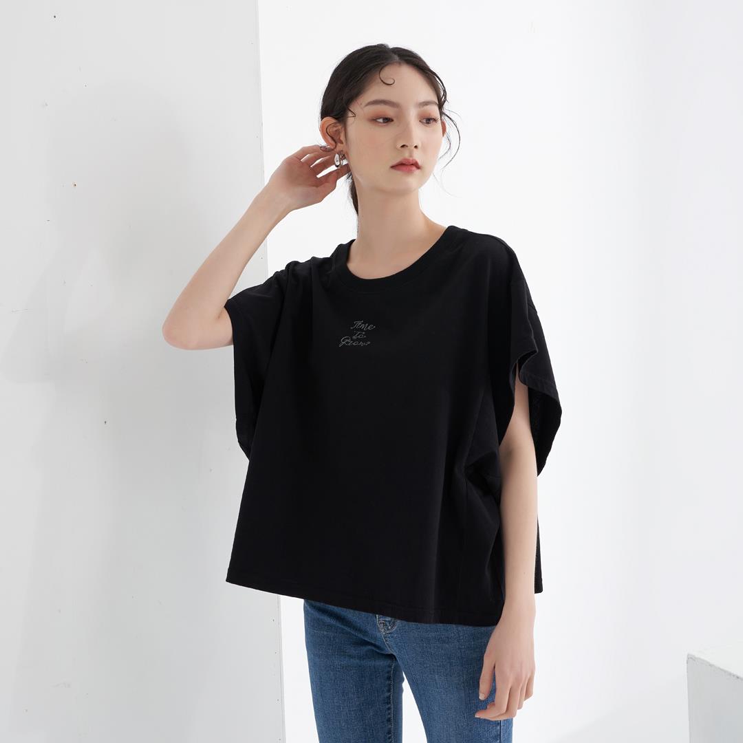 優雅氣質方型袖寬鬆純棉TEE(黑色)-女