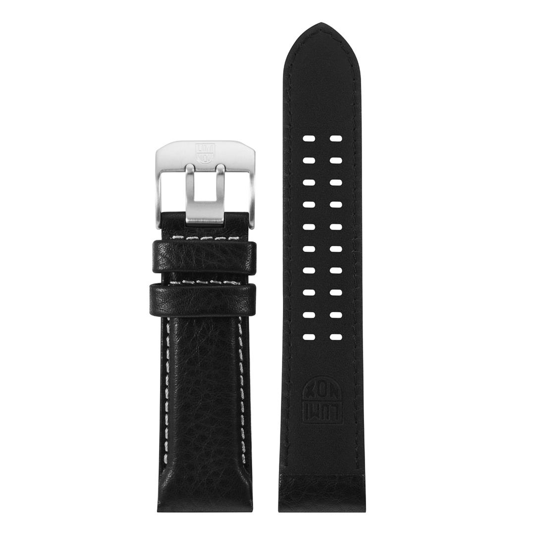 牛皮黑色白縫線銀針釦錶帶-24mm(0920系列用)