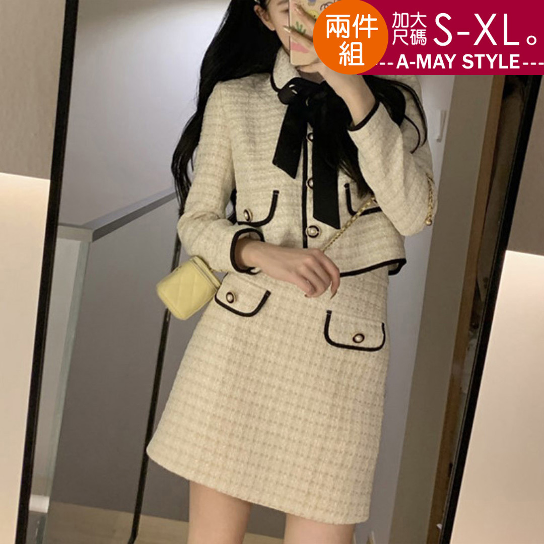 女裝 兩件式 甜美朵結小香風上衣短裙套裝(S-XL)【XGS2236125】＊艾美時尚(現 預)