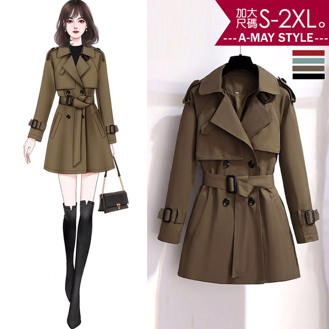 加大碼外套 俐落收腰顯瘦扣帶風衣(S-2XL)【XHI626166】*艾美時尚(現 預)