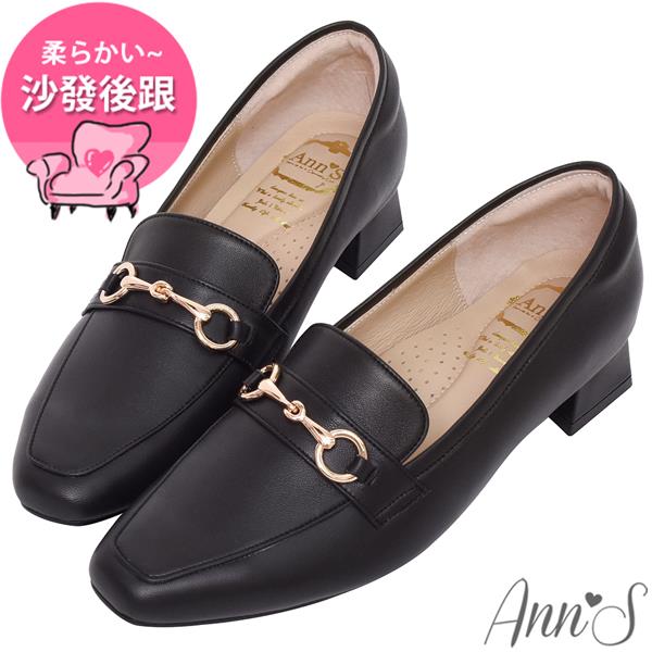 Ann’S經典風格MIT-馬銜扣綿羊皮真皮粗跟樂福鞋3cm-黑