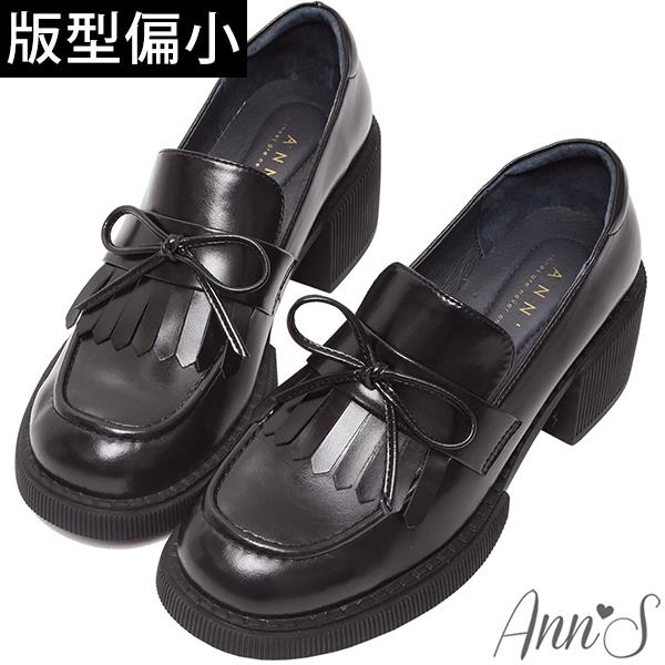 Ann’S重返時光-復古油皮流蘇蝴蝶結厚底粗跟樂福鞋5cm-黑(版型偏小)