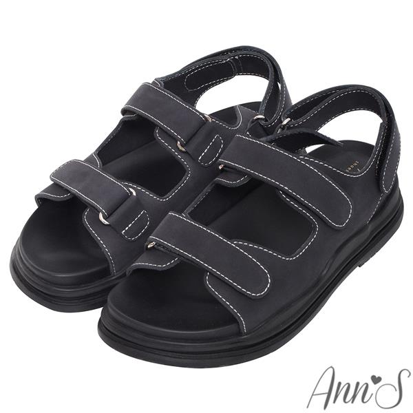 🍎任一雙現折$618🍎Ann’S霧面磨砂牛皮真皮-升級彈力厚底魔鬼氈涼鞋4cm-黑