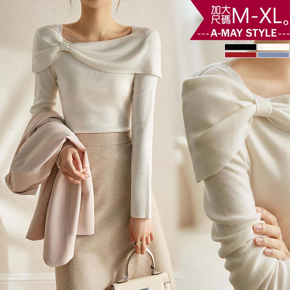 加大碼T恤-一字披肩蝴蝶結修身針織衫(M-XL)【XL6315442】＊艾美時尚(現 預)