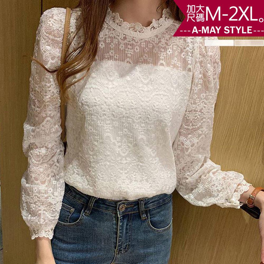 加大碼T恤-優雅泡泡袖蕾絲雪紡衫上衣(M-2XL)【XFB60747】＊艾美時尚(現 預)