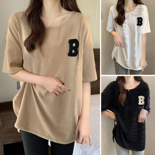 M-4XL韓版B開叉短袖T恤 寬鬆顯瘦中長版上衣(3色)韓妞街頭中大碼女裝-凱西娃娃