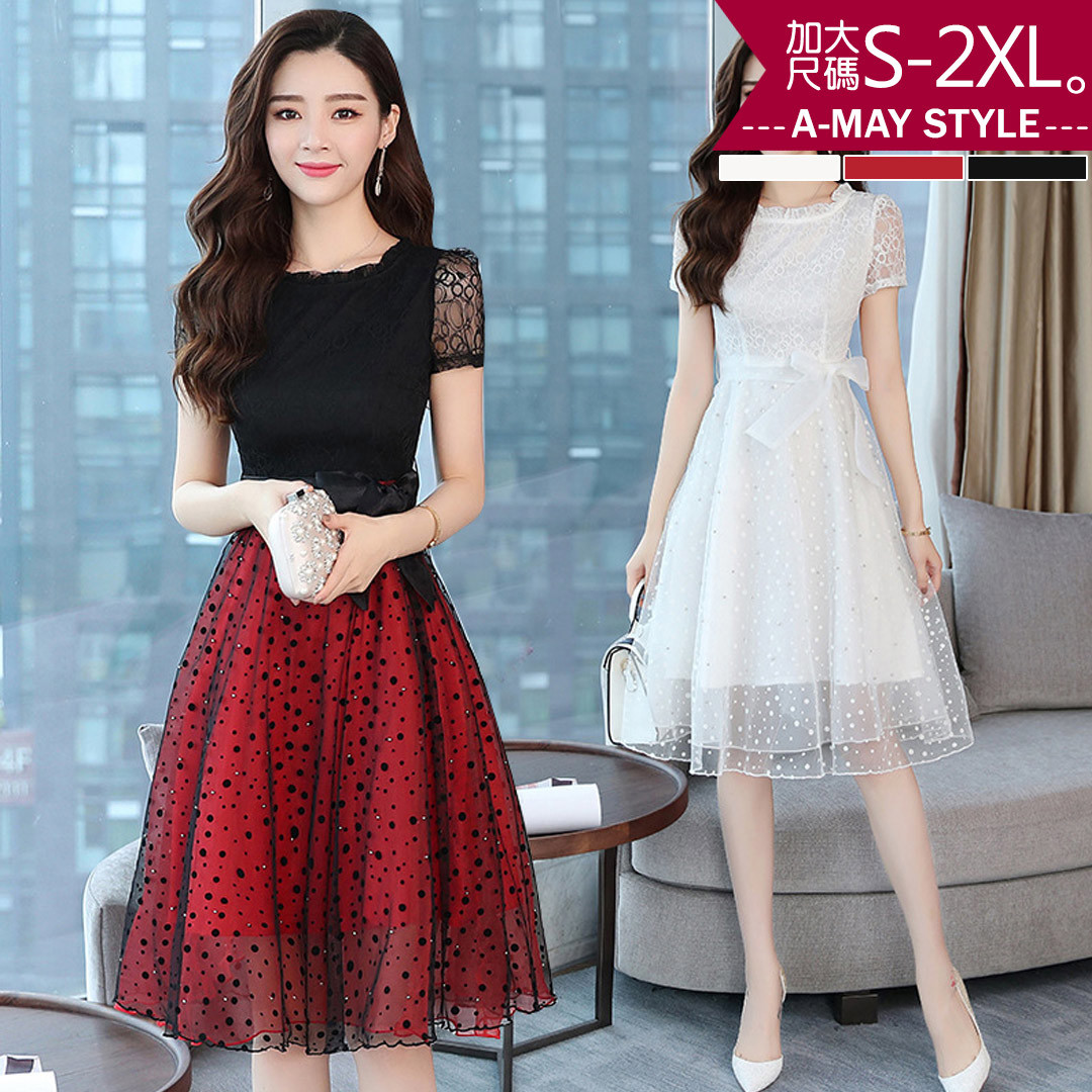 現貨 加大碼小禮服 連身裙-修身顯瘦拼接網紗洋裝(S-2XL)【XGC532551】＊艾美時尚