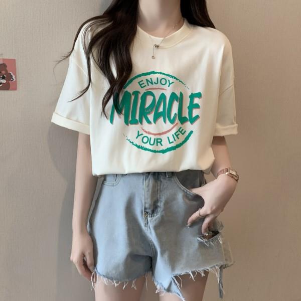 S-3XL實拍學院風MIRACLE奇蹟印花純棉短袖T恤 寬鬆中長版上衣 中大碼女裝-凱西娃娃