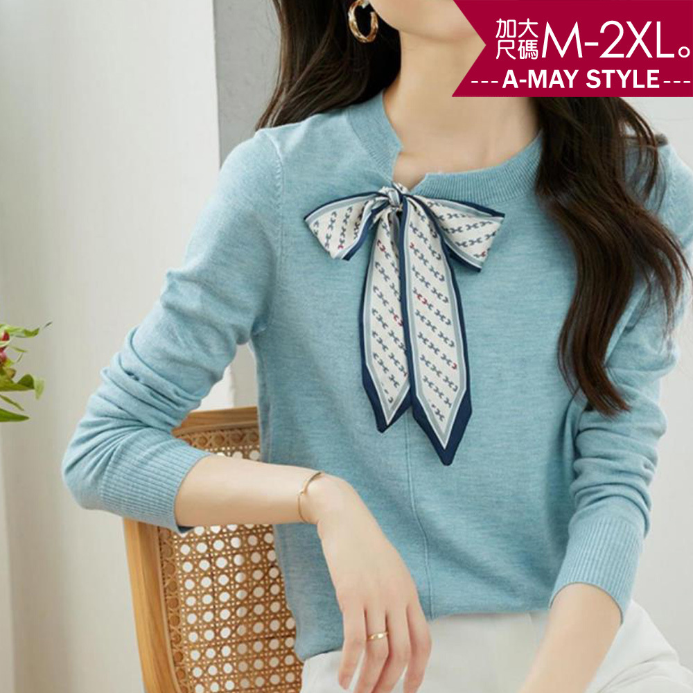 加大碼上衣-設計感小V領口朵結針織衫(M-2XL)【XL068550】＊艾美時尚(現 預)
